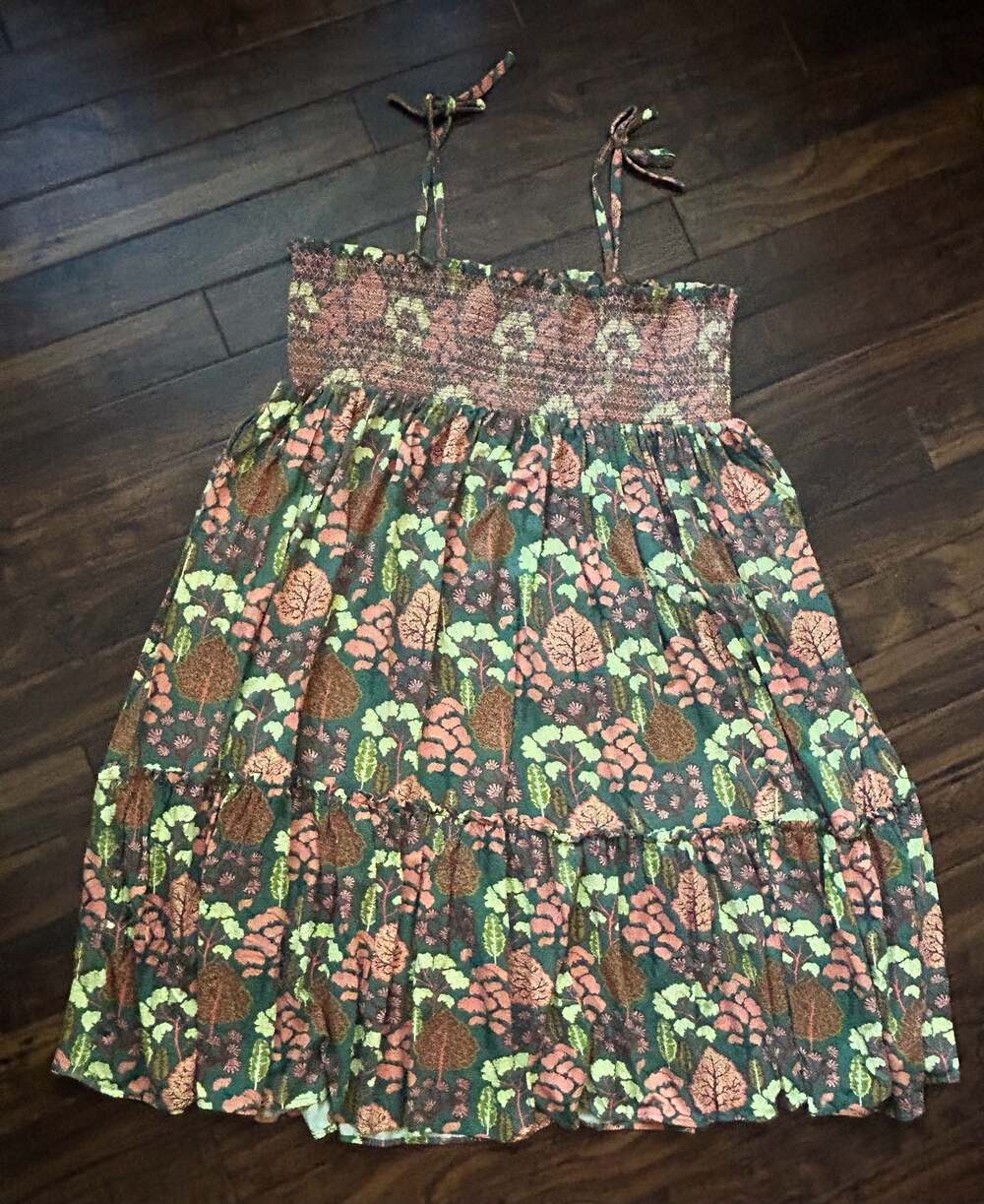 Kate Quinn Women's Smocked Tie Strap Tiered Prairie Midi Dress Boho Fairy Nature